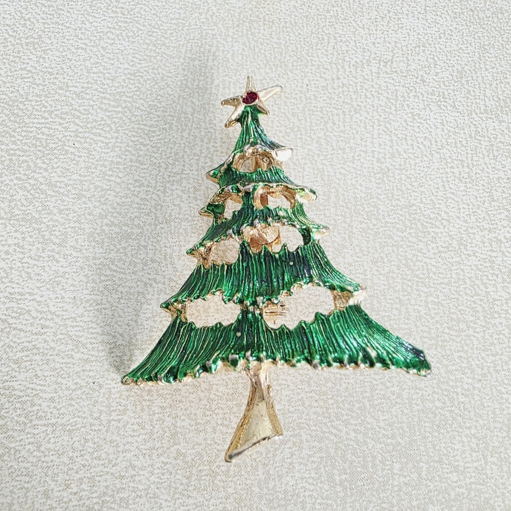 Vintage Festive Green Christmas Tree Brooch